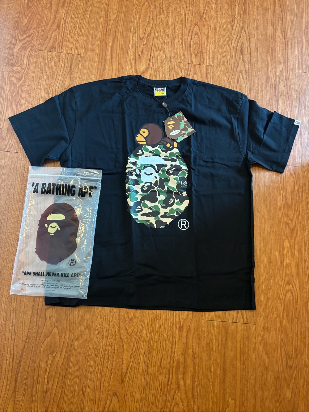 Bape Black Tee with Green Camo Ape Head Graphic